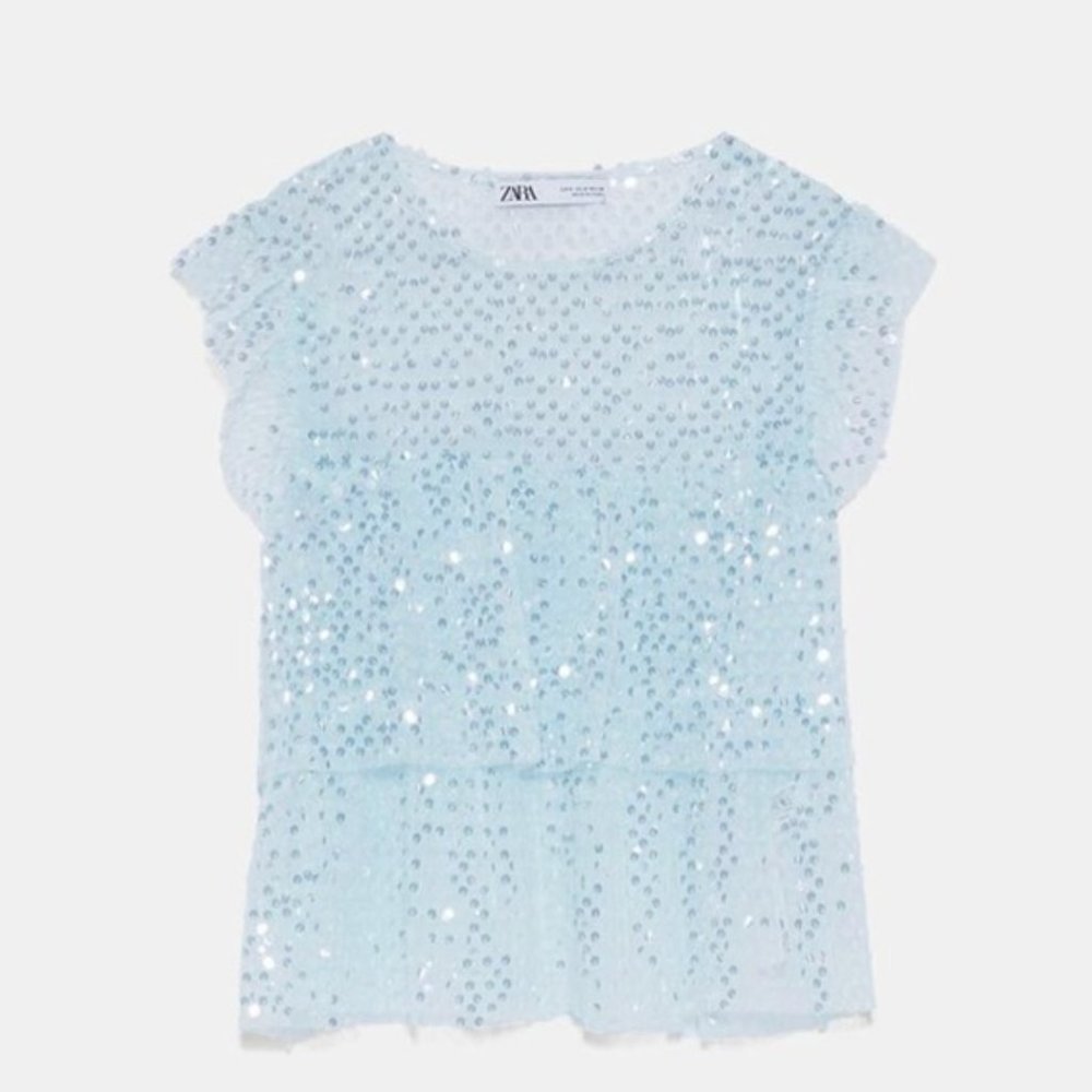 ZARA Light Blue with Silver Sequin Ruffle Top